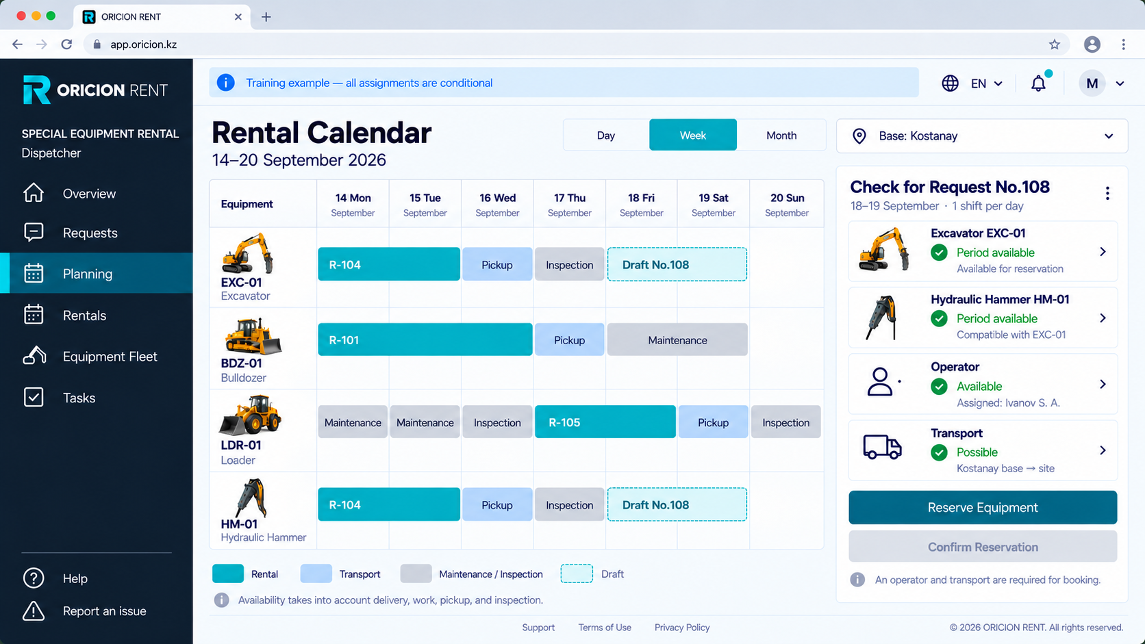 Rental calendar — ORICION RENT · EN · interface mockup